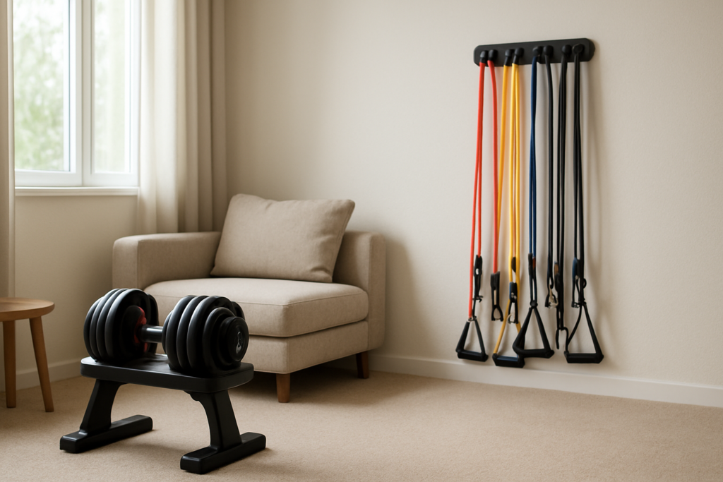 Adjustable dumbbells and resistance bands in a small home gym