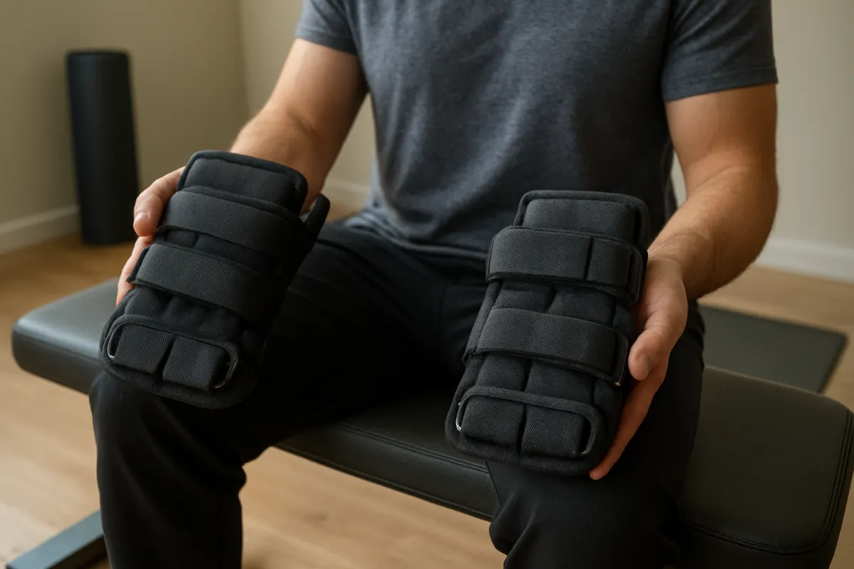 Adult comparing adjustable ankle weights before walking