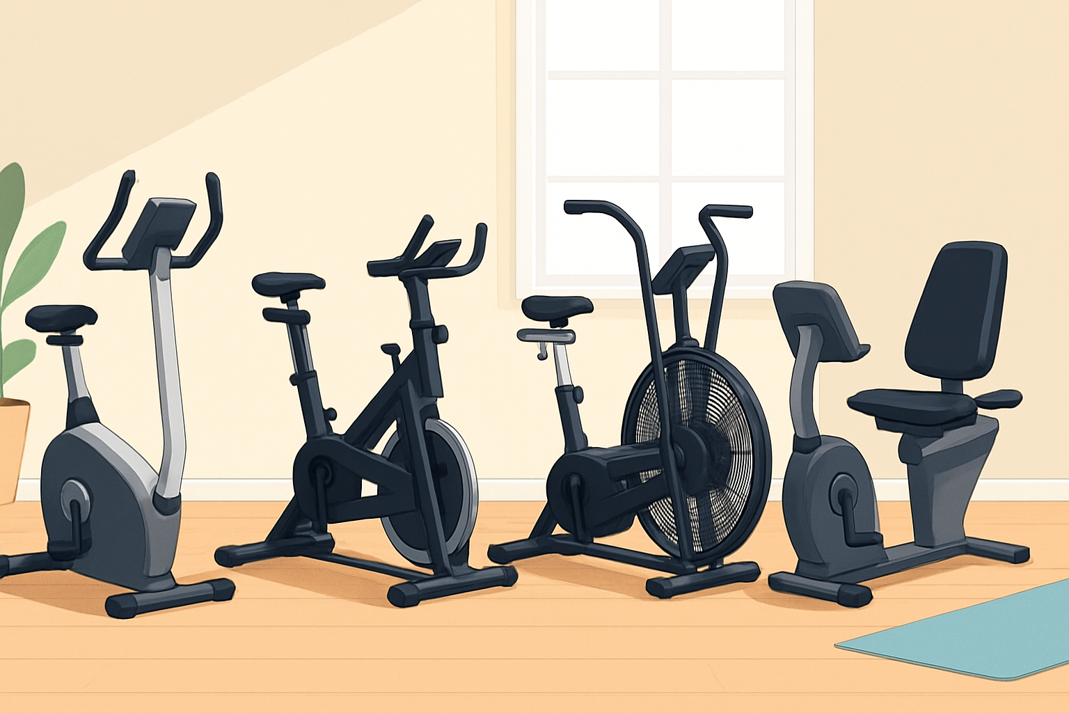 Illustration comparing common exercise bike types for home workouts
