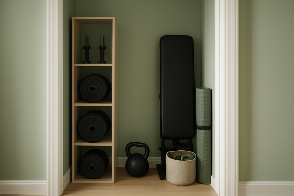 Compact home gym equipment organized inside a small apartment closet