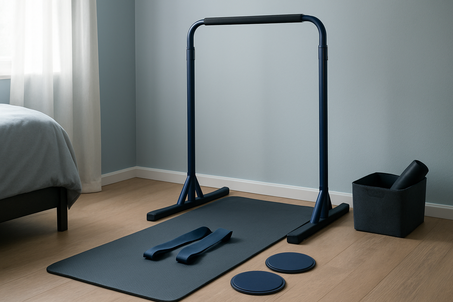 Renter-friendly pull-up option, mat, sliders, and bands in a bedroom