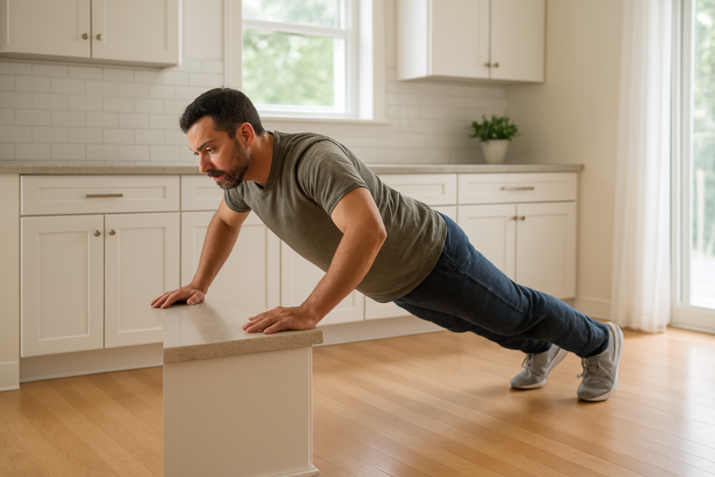 Beginner performing an elevated push-up against a sturdy counter at home