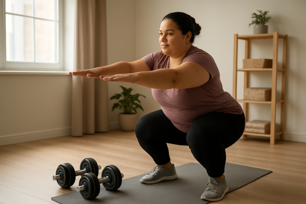Beginner comparing bodyweight exercises with adjustable dumbbells at home
