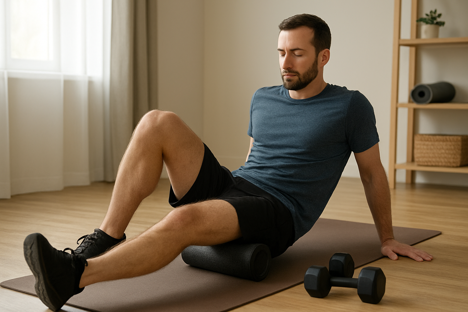 Athlete using a foam roller after a home workout