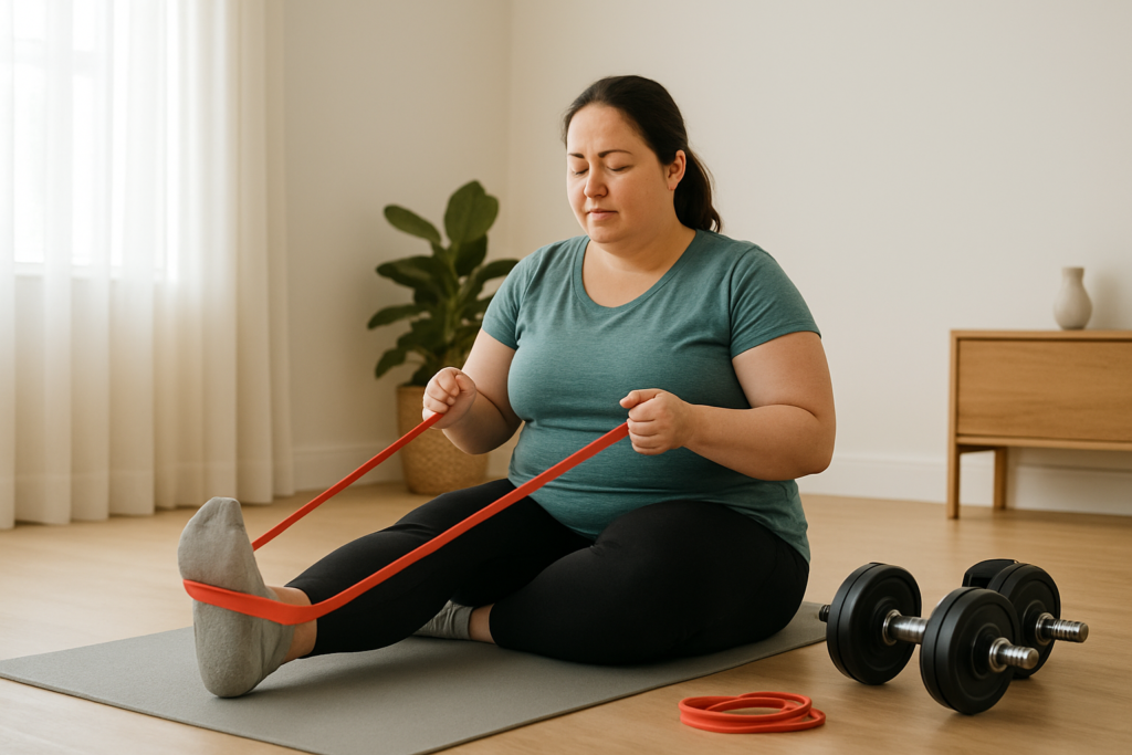 Beginner doing a home strength workout with dumbbells
