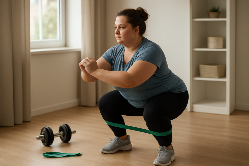 Beginner performing a controlled squat in a safe home workout space