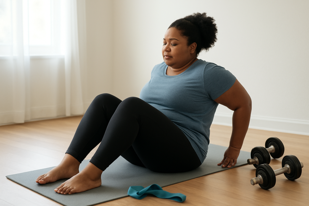 Beginner doing a strength exercise at home with safe equipment nearby