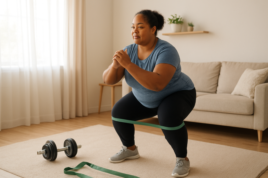 Beginner doing a home strength workout with dumbbells and a resistance band