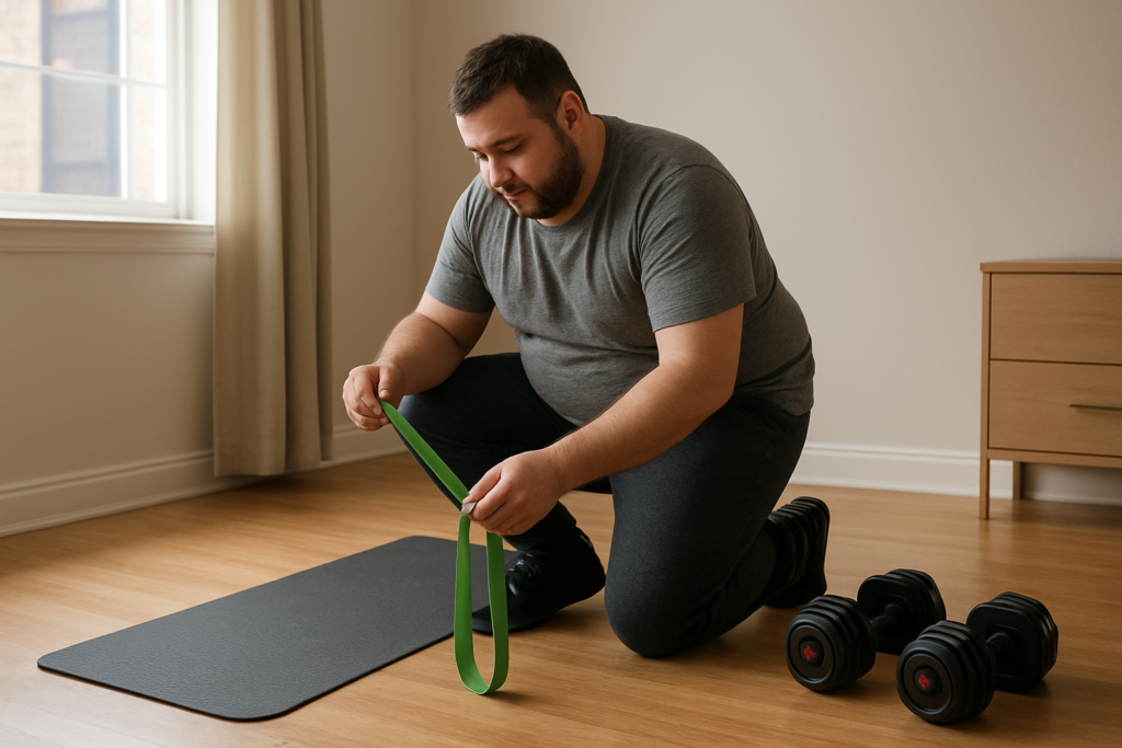 Beginner setting up a simple home gym with bands and dumbbells