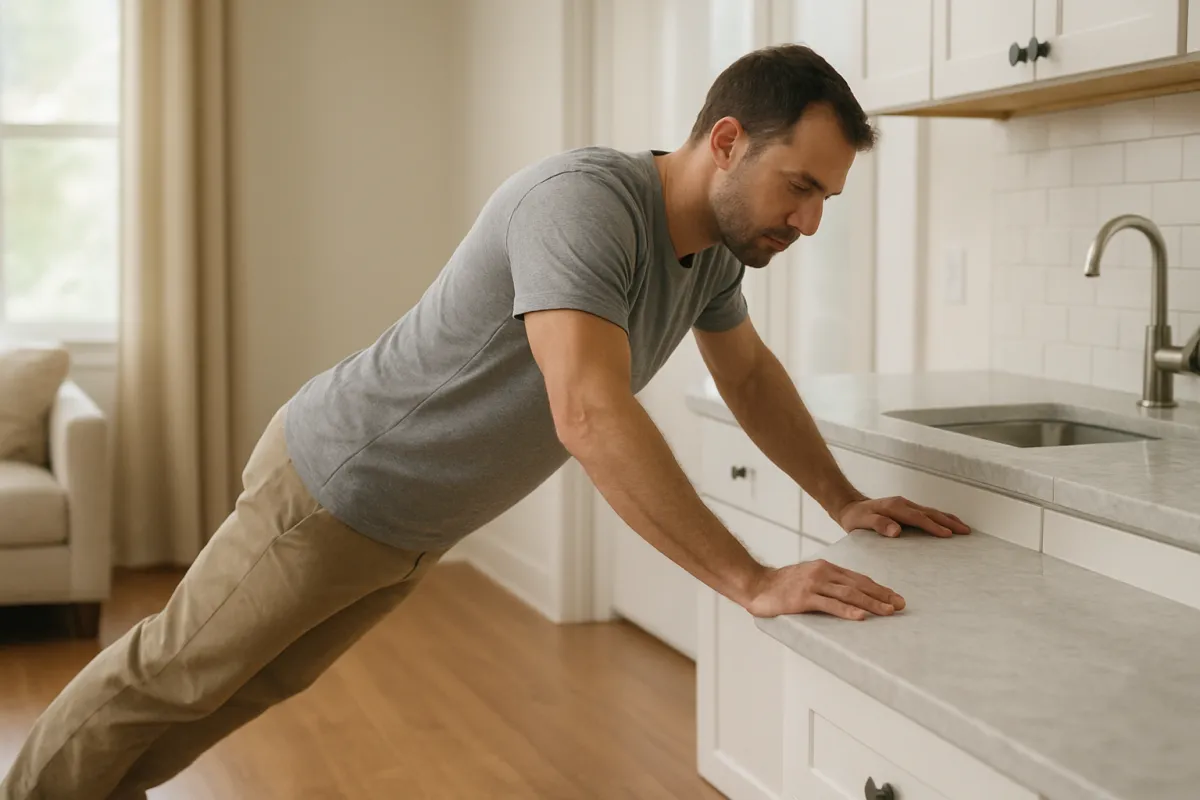 Incline push-up progression performed at home with controlled body alignment