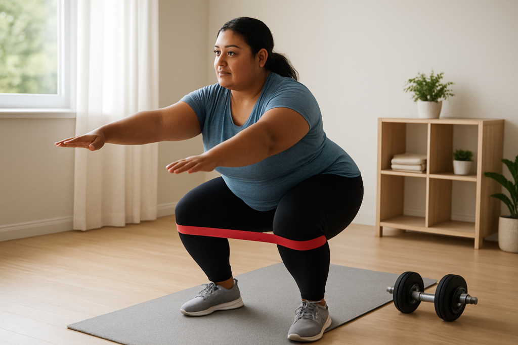 Beginner doing a controlled squat during a home workout