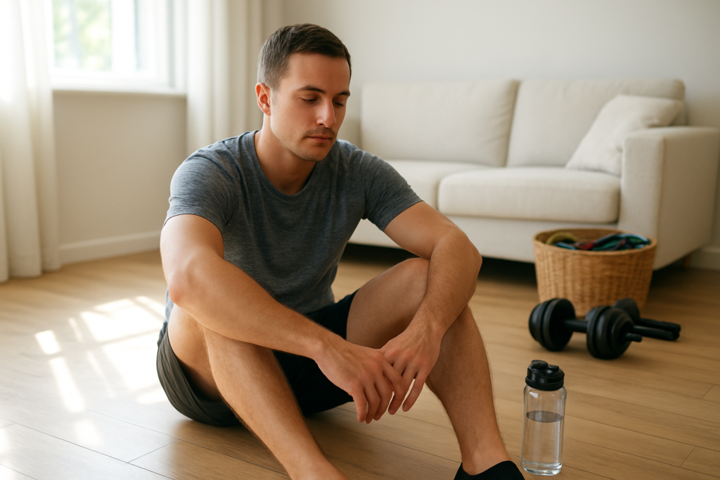 Beginner resting after a home strength workout with water and equipment nearby