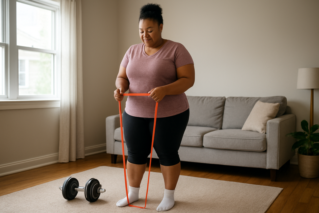 Beginner preparing for a home strength workout with bands and dumbbells