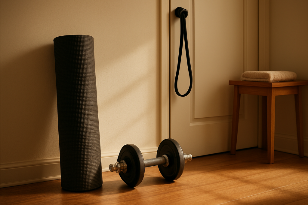 Home strength equipment arranged beside a doorway without a workout bench