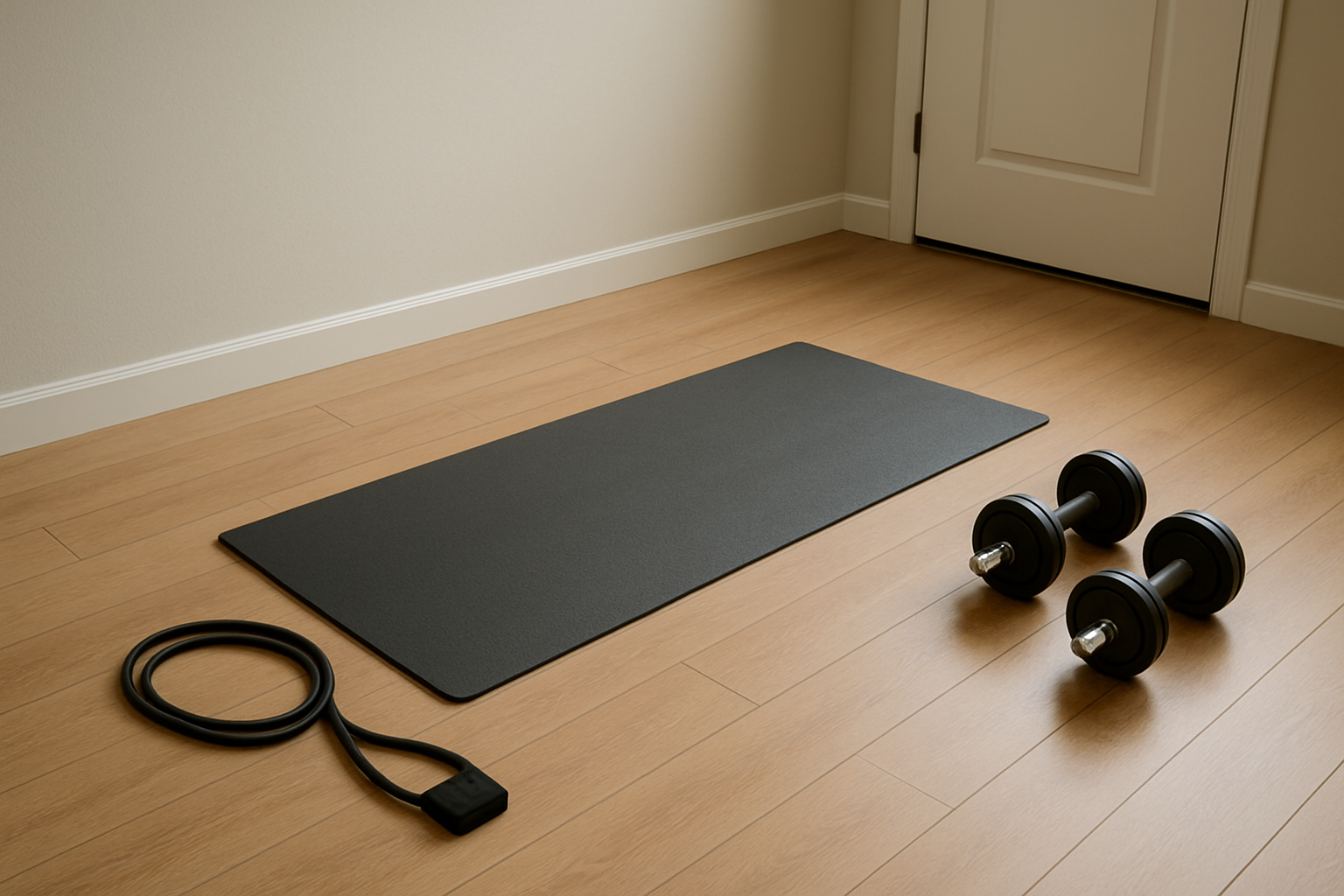 Clear floor setup with a mat, dumbbells, and resistance band