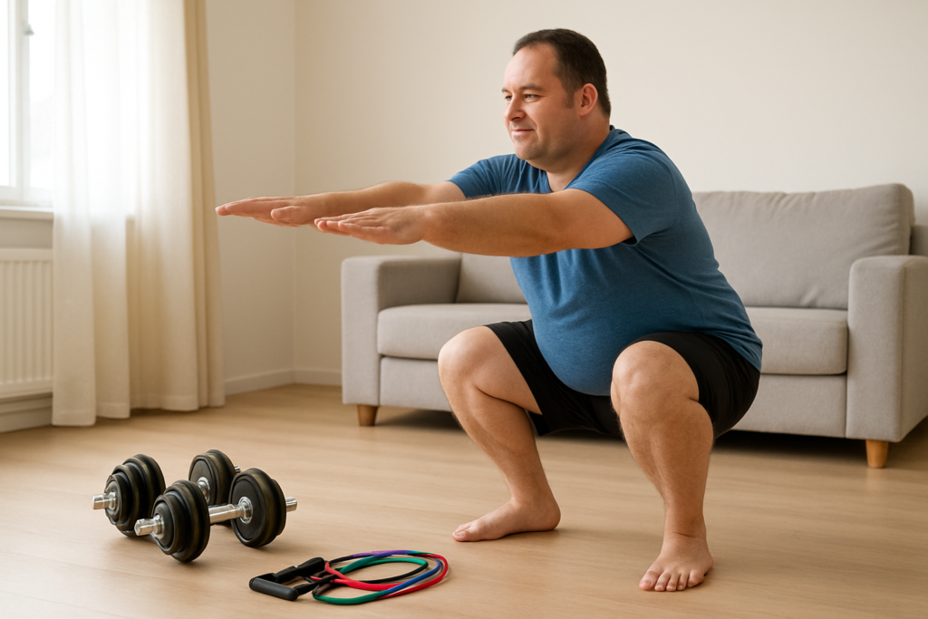 Beginner performing a gentle warm-up before home strength training