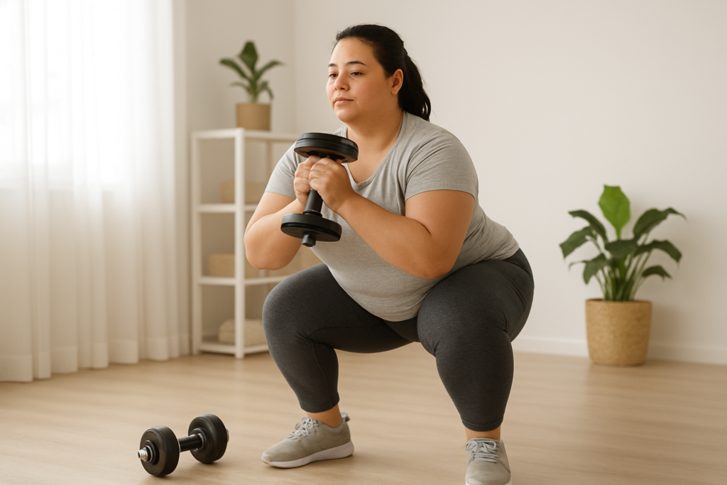 Beginner performing a goblet squat with a dumbbell at home