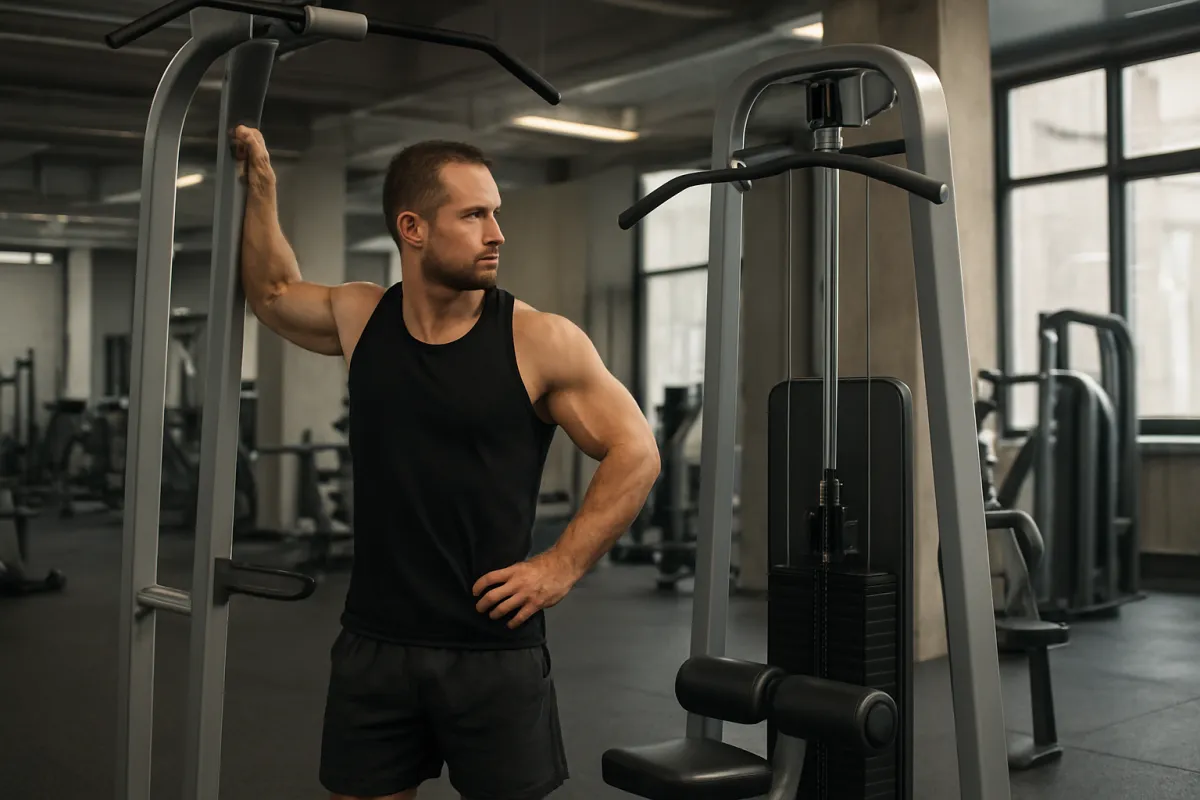 Lifter comparing pull-ups and lat pulldowns in a realistic gym