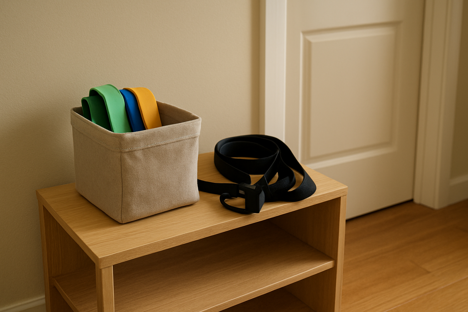 Resistance bands and suspension trainer stored in a compact apartment