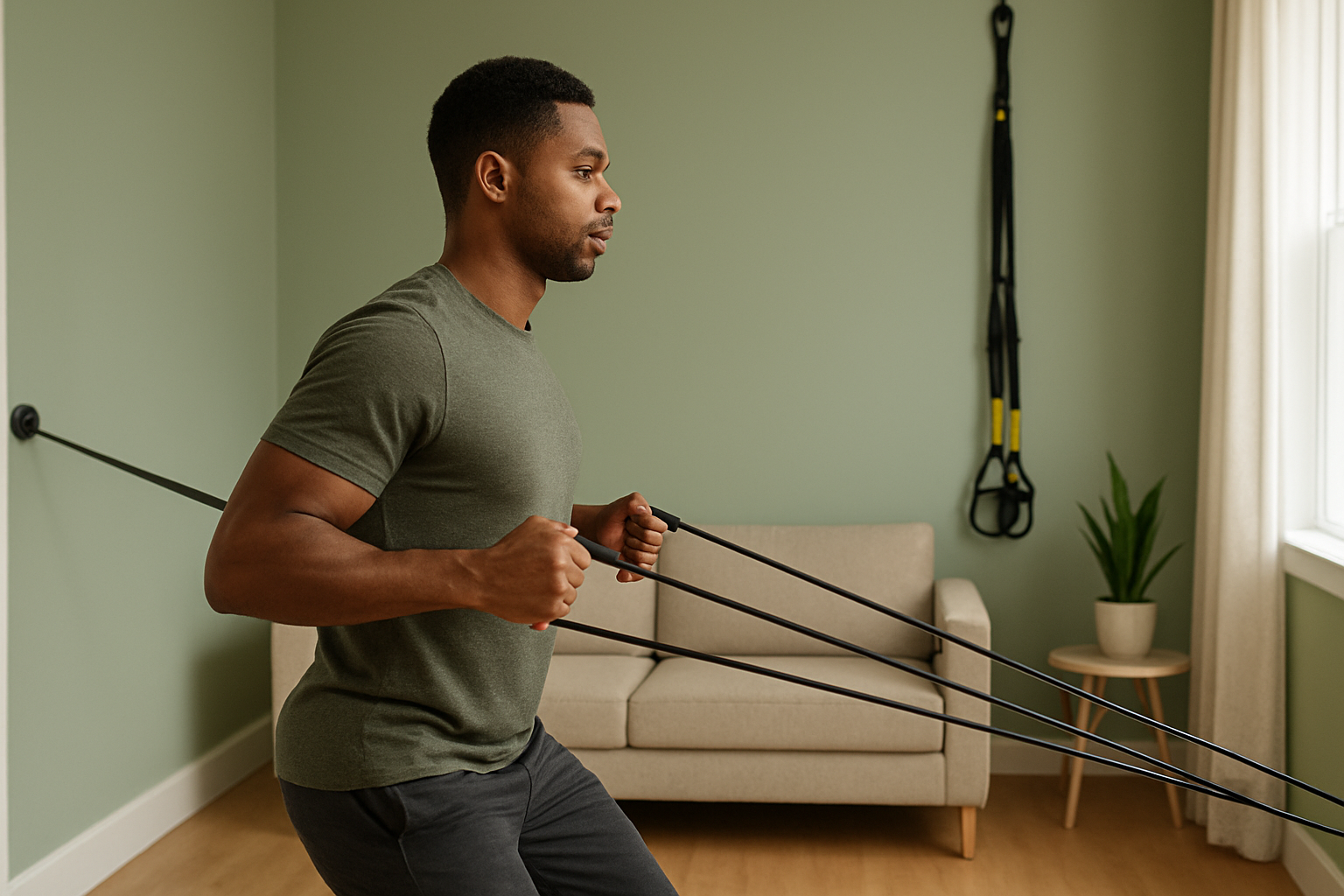 Adult performing a controlled resistance-band row at home