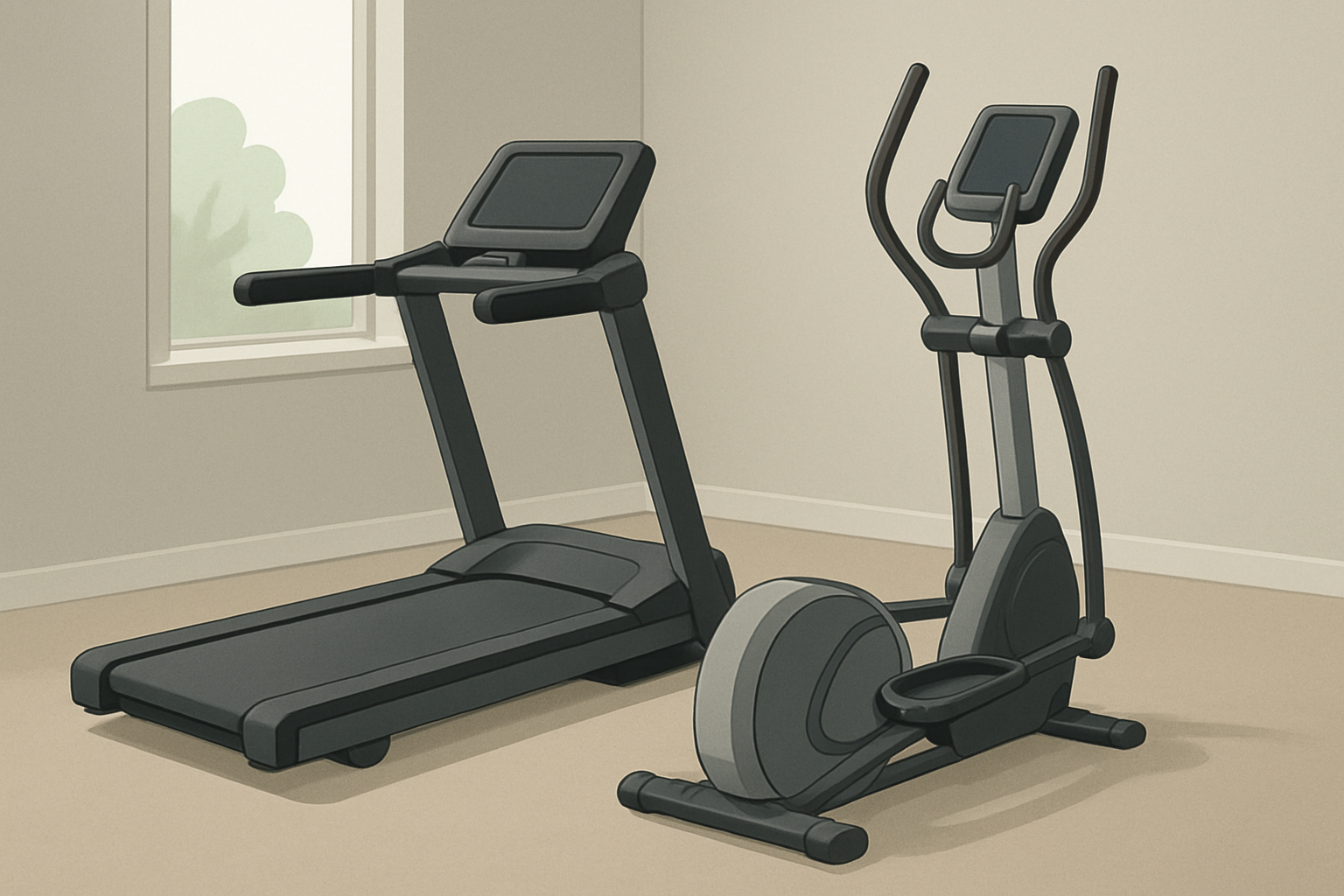 Treadmill and elliptical trainer compared side by side in a home gym