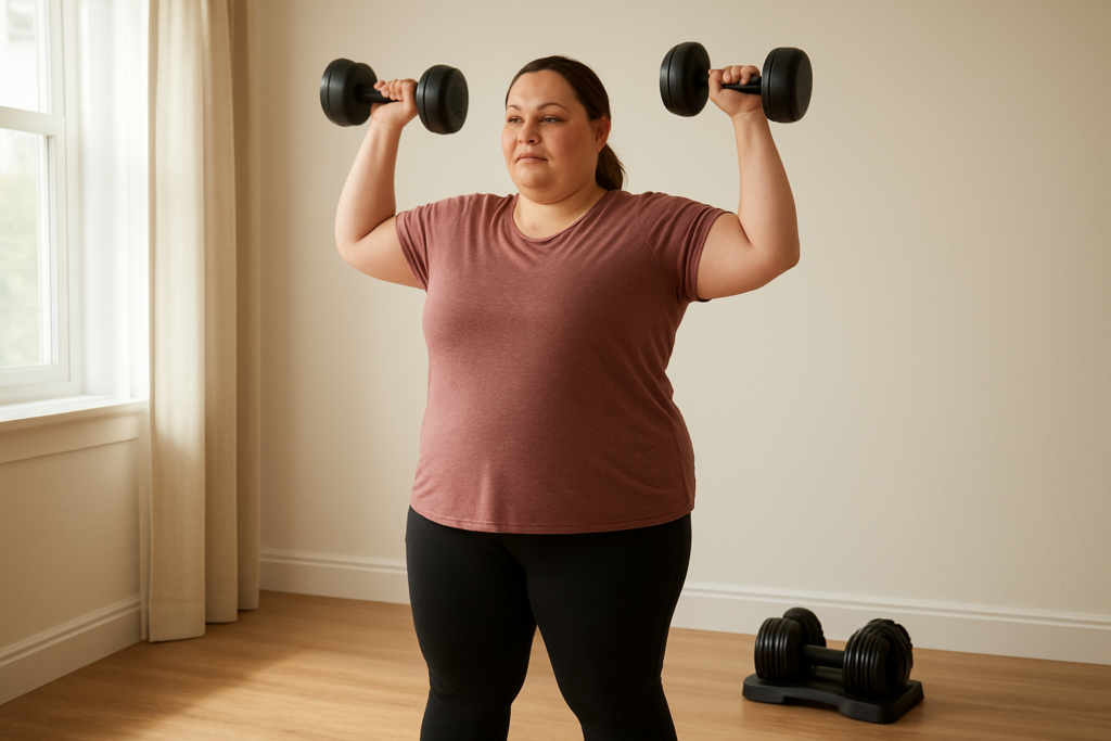 Beginner performing a dumbbell shoulder press at home