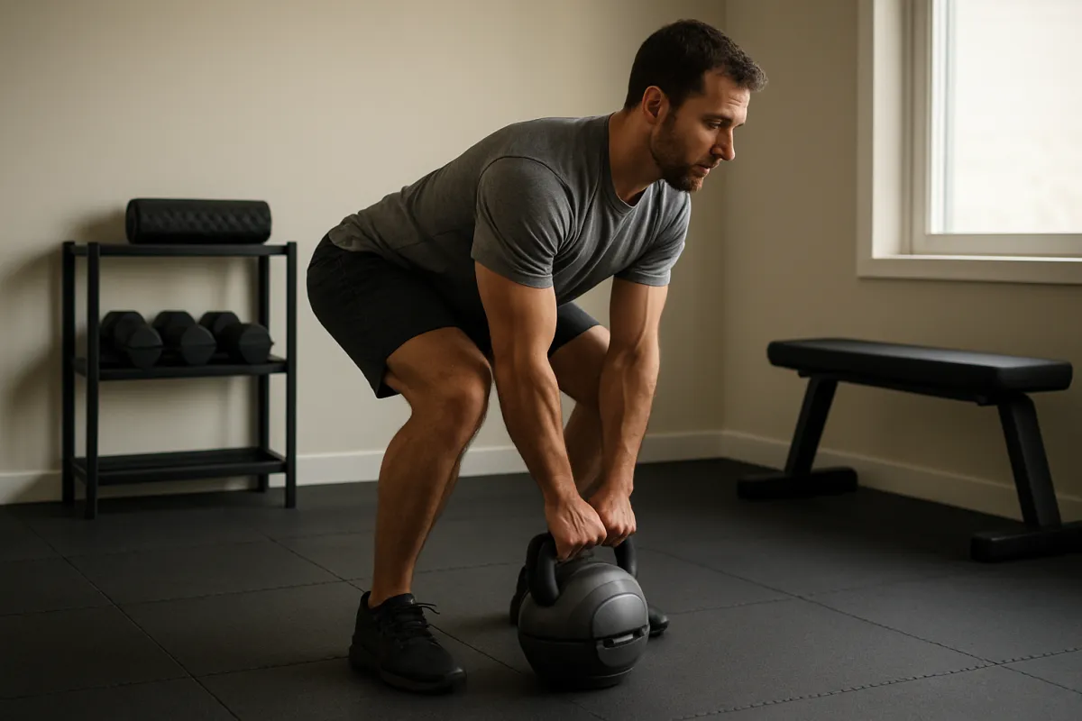 Adult using an adjustable kettlebell for a controlled home strength exercise