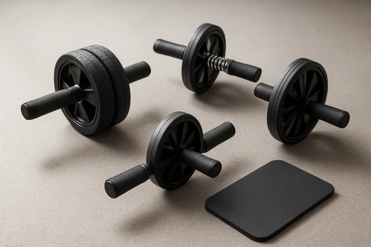 Several beginner-friendly ab rollers and a knee pad arranged in a home gym