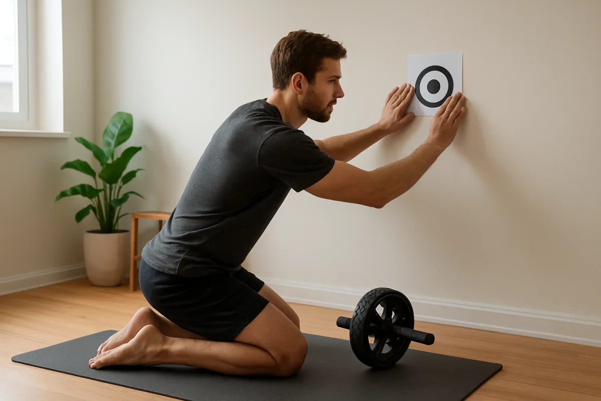 Beginner setting a safe rollout distance with an ab wheel and wall target