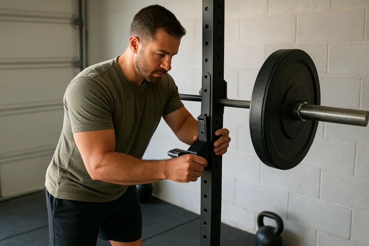 Lifter checking the safety arms and J-hooks on a home gym squat rack
