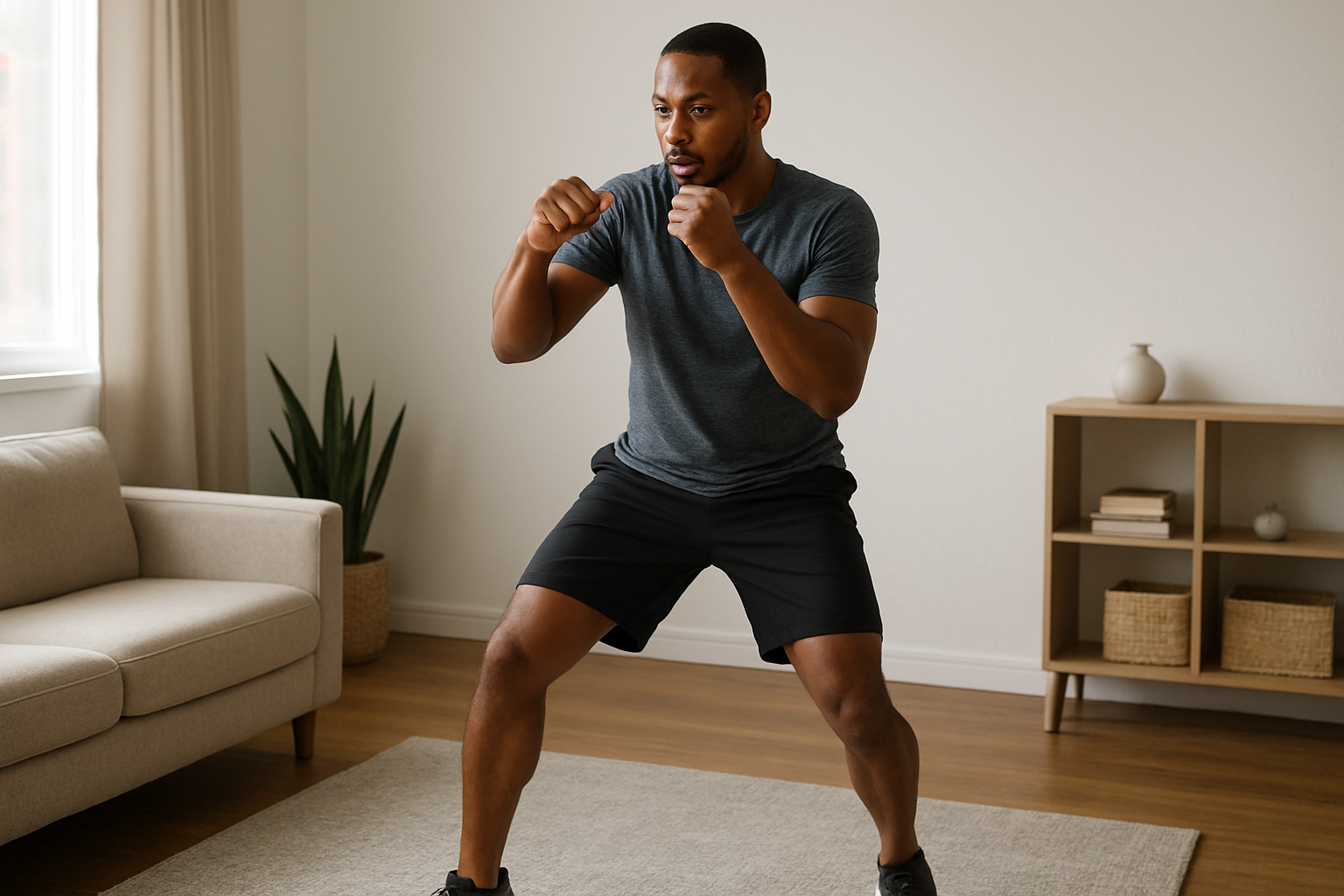 Adult performing quiet low-impact cardio in a small apartment
