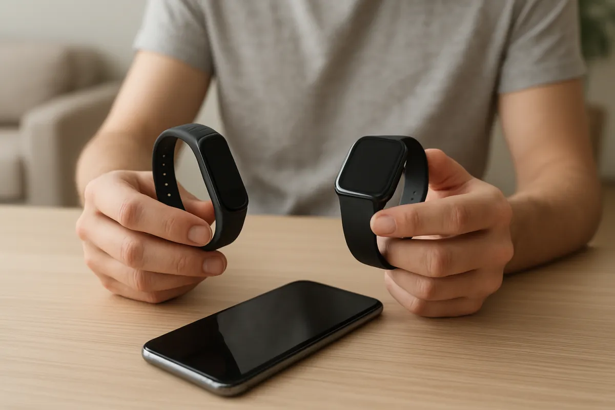A beginner comparing a fitness band and smartwatch before choosing a fitness tracker
