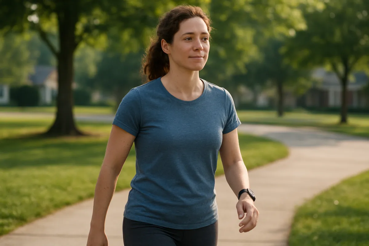 A beginner using a fitness tracker during an outdoor walk