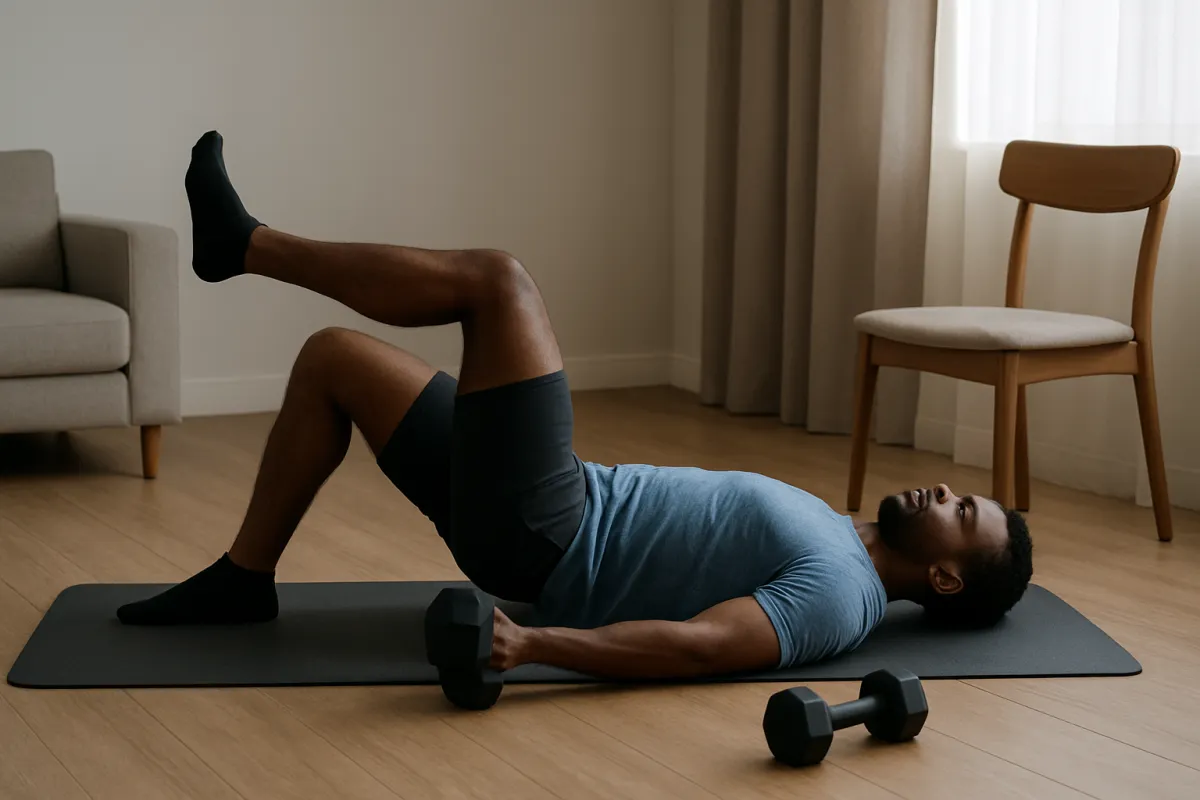 Home glute strength workout equipment arranged on a yoga mat