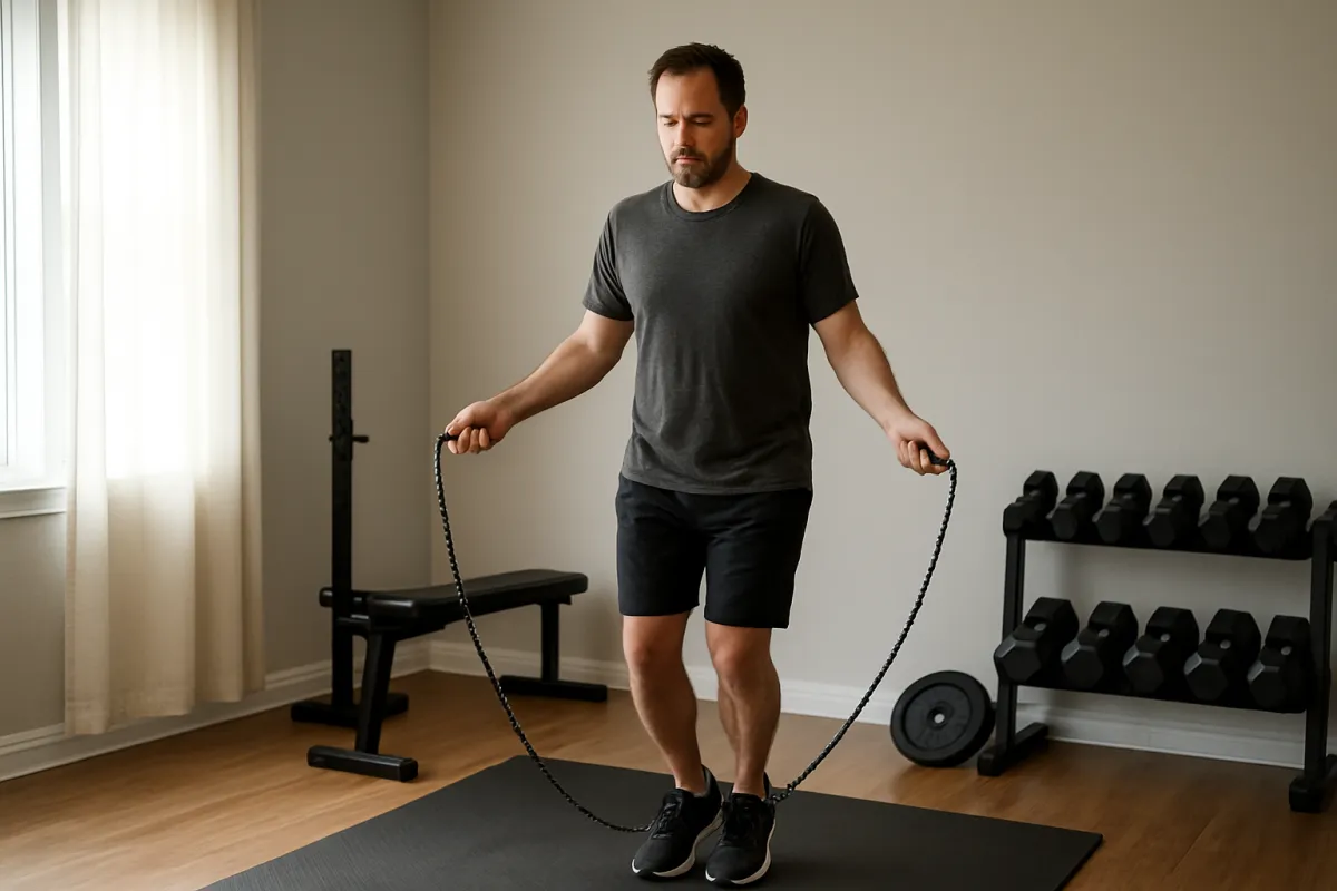 Beginner using a beaded jump rope on a rubber fitness mat in a home gym