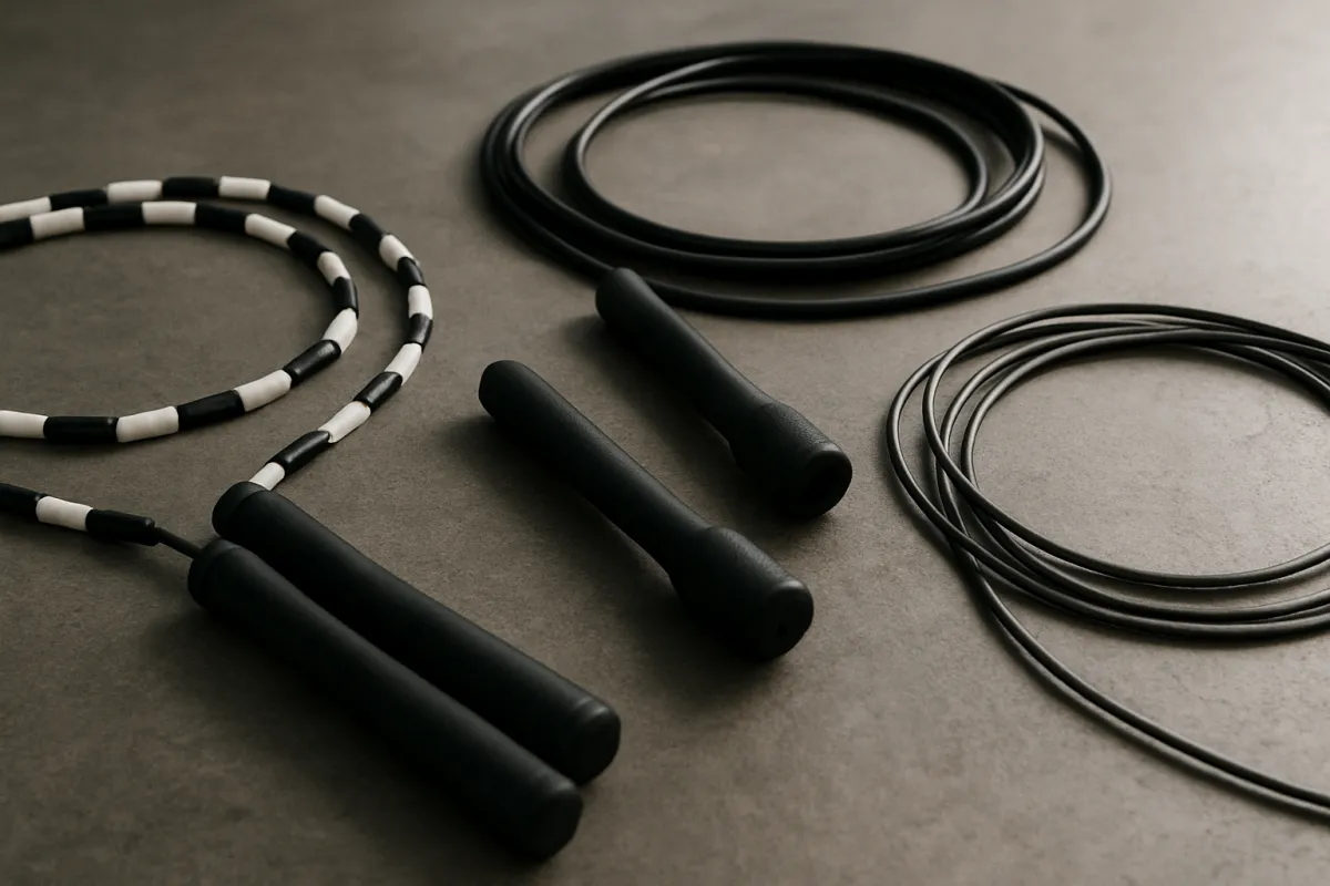 Close-up of several beginner jump ropes with different rope thicknesses and handles