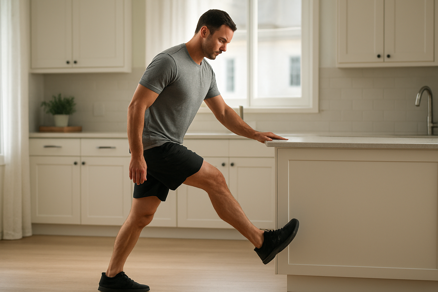 Adult performing a supported standing hamstring curl during a knee-friendly leg workout