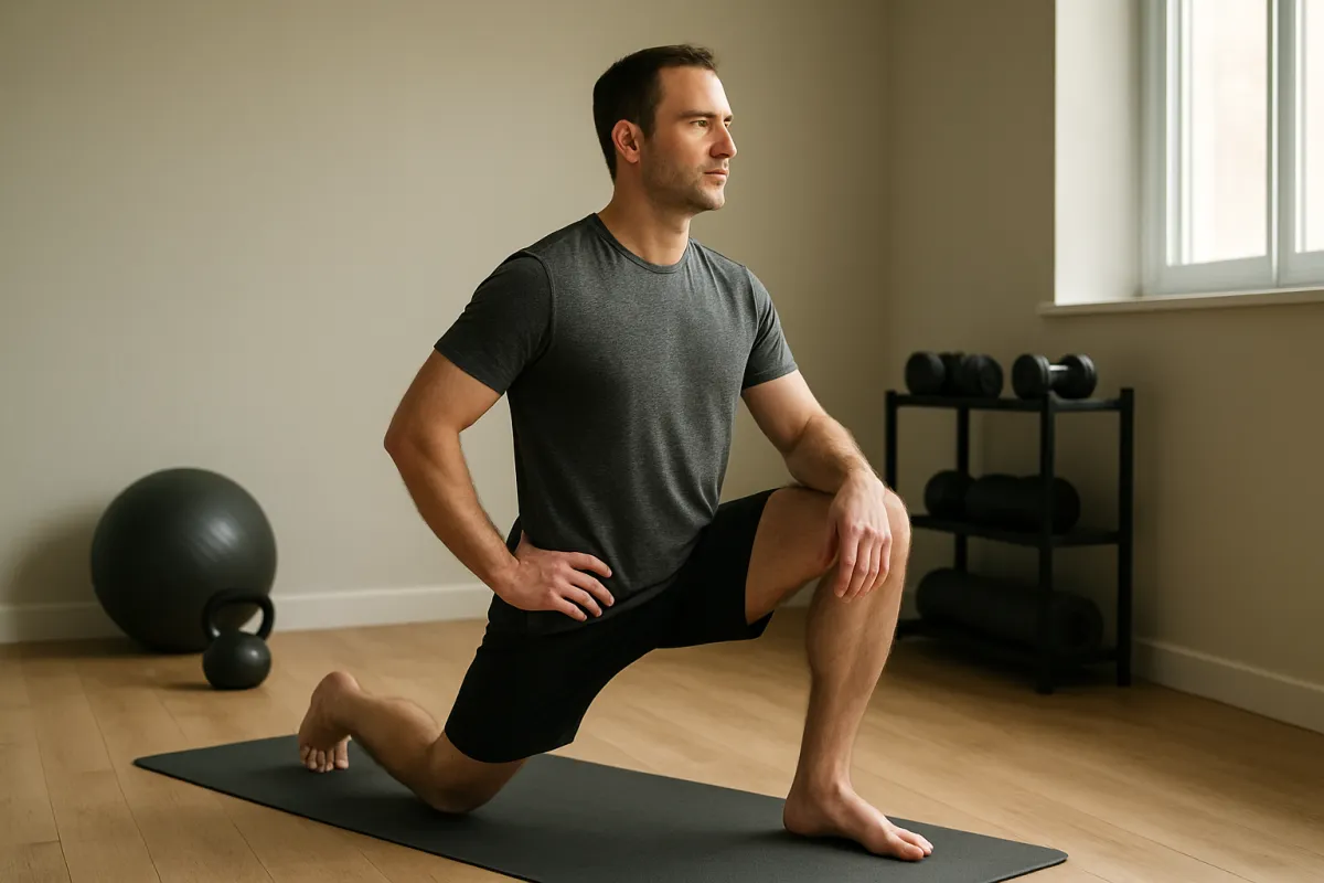 Adult performing a half-kneeling hip-flexor stretch on an exercise mat