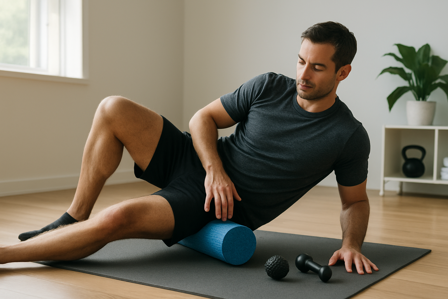 Athlete using a foam roller with other muscle recovery tools nearby