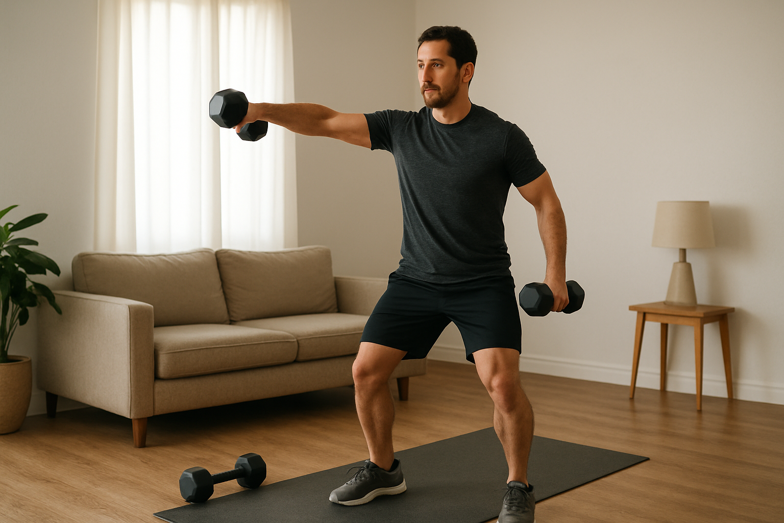 Adult performing a controlled dumbbell lateral raise during a home shoulder workout