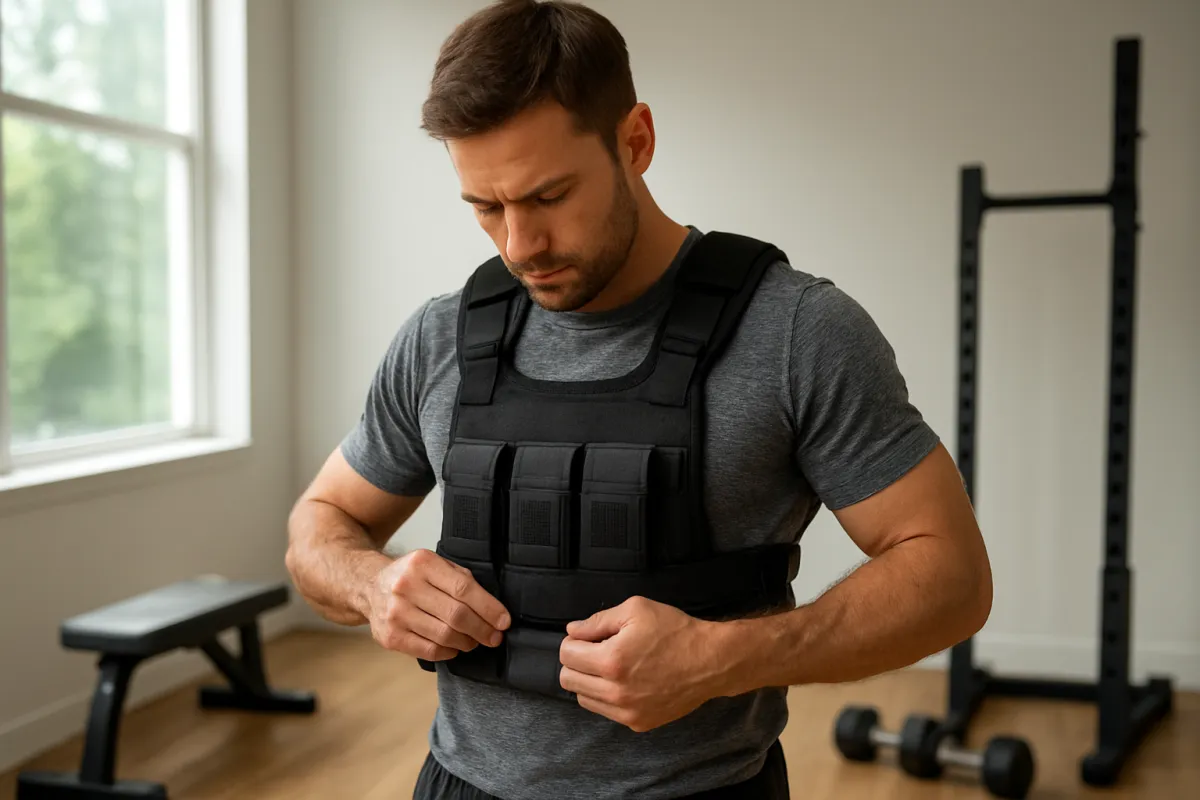 Runner checking the fit of an adjustable weighted vest before exercise