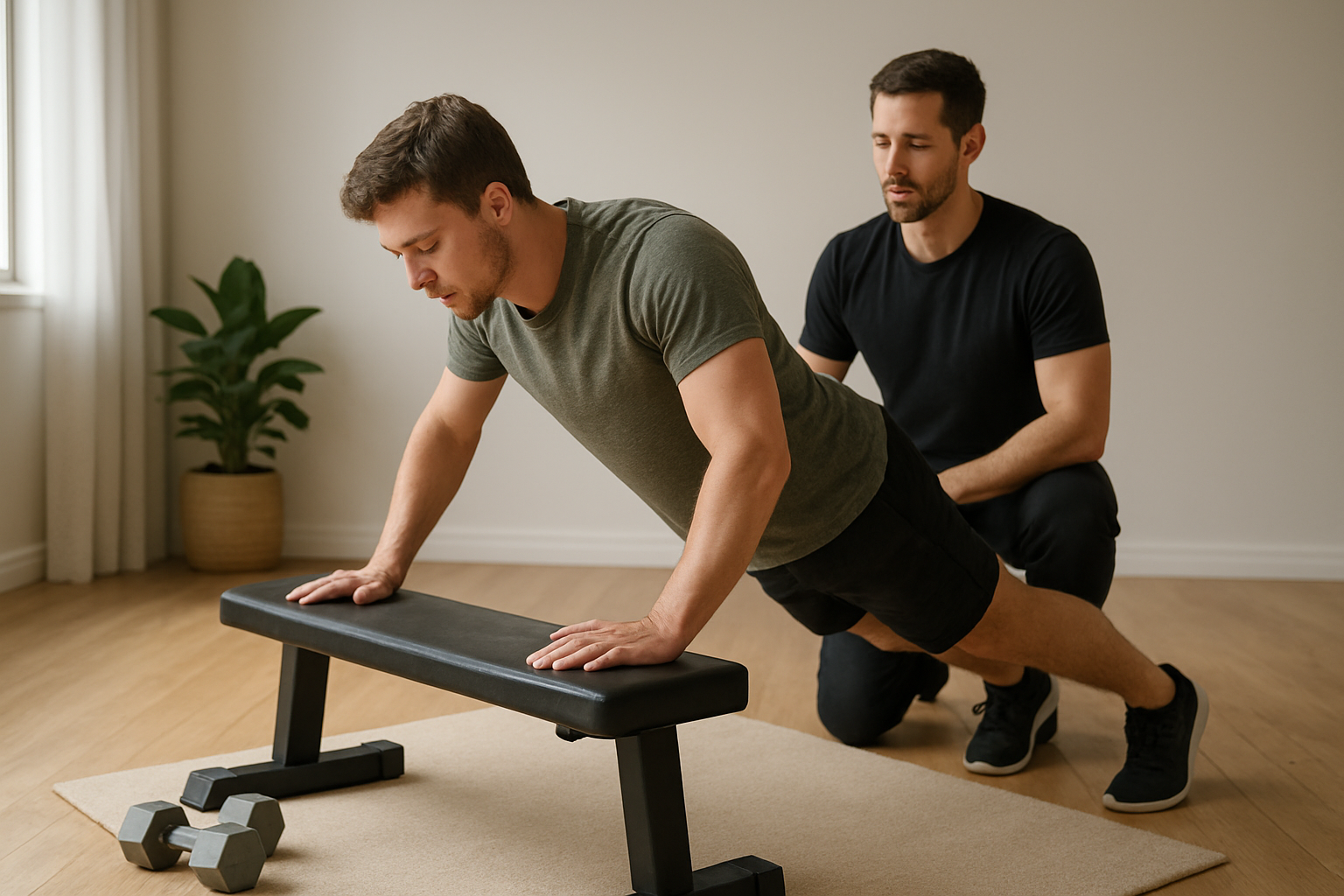 Beginner comparing bodyweight and dumbbell strength exercises in a home gym