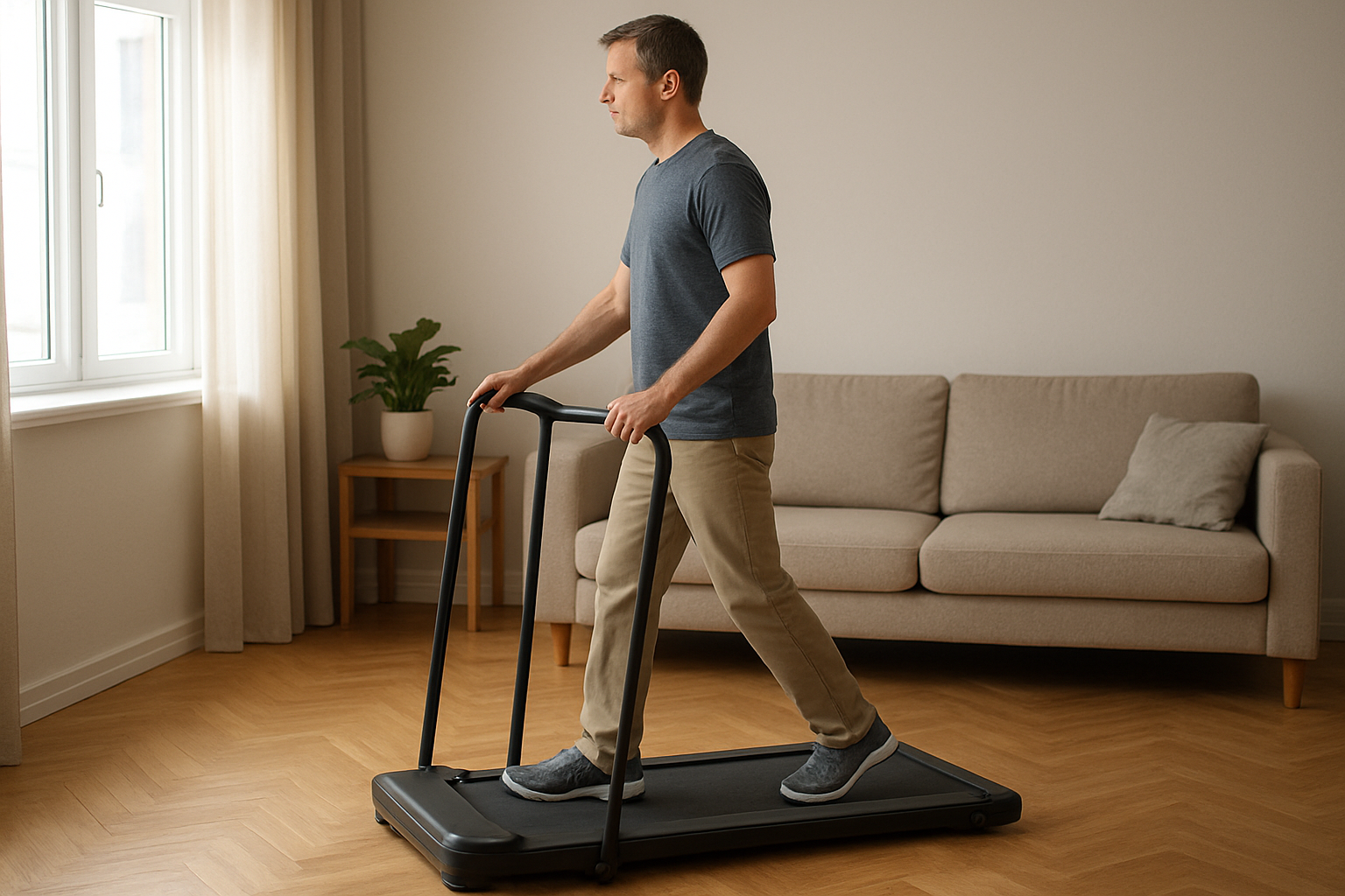Adult walking safely on a foldable treadmill in an apartment