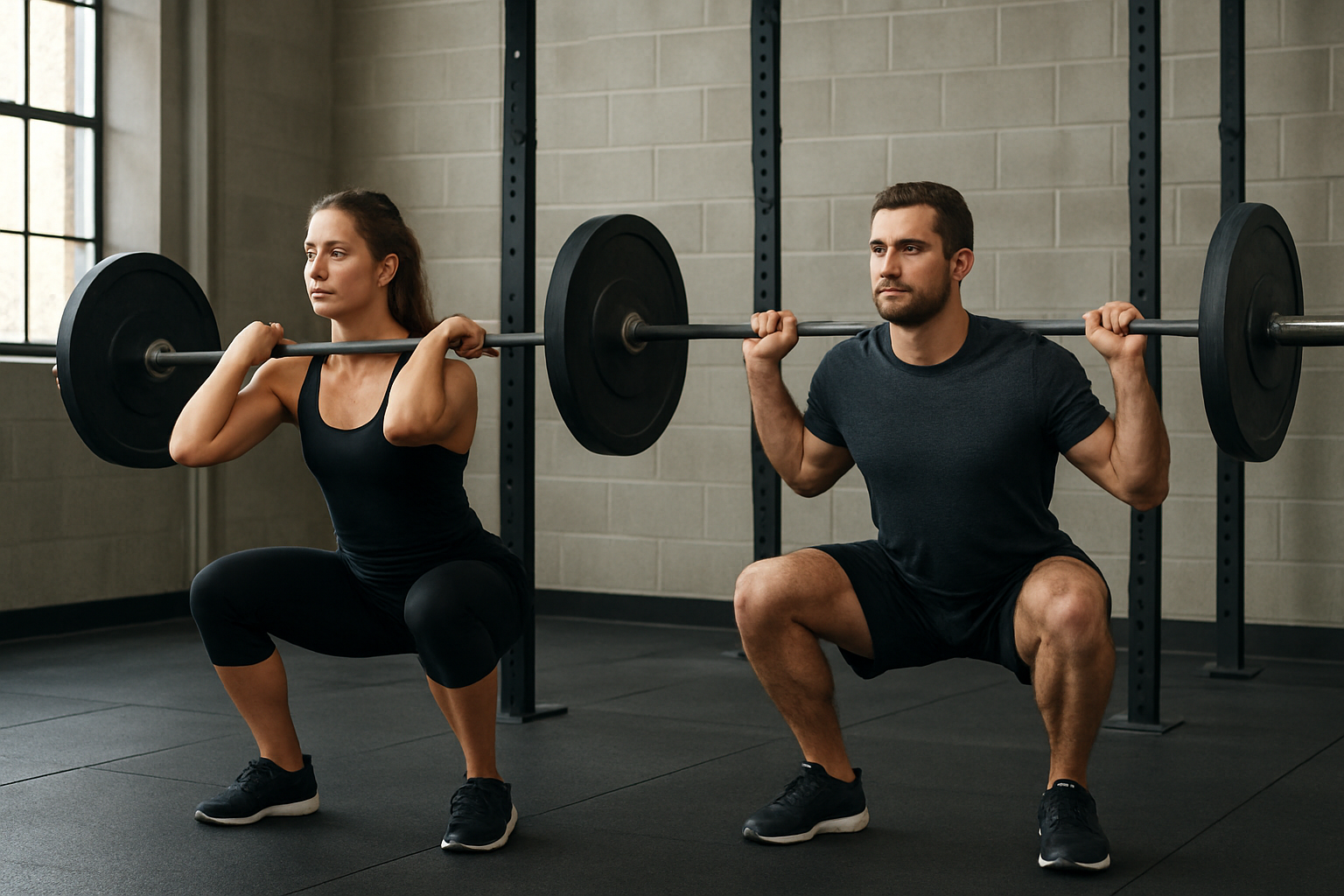 Two athletes demonstrating front squat and back squat positions in a gym