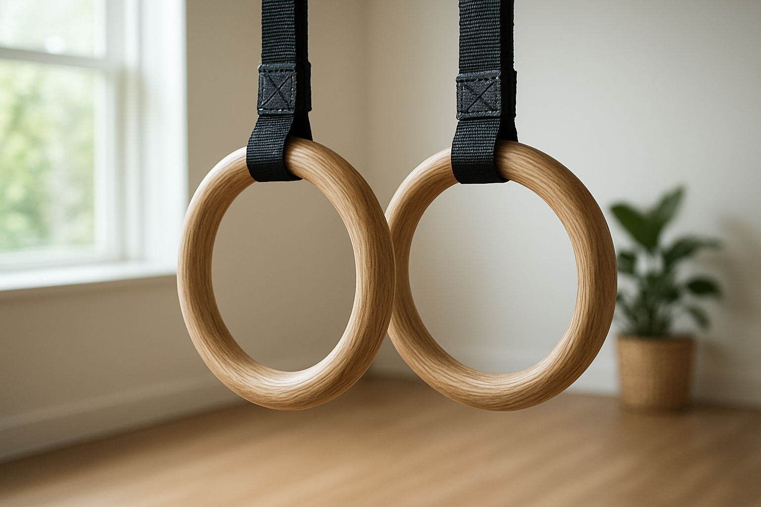Gymnastic rings with adjustable straps hanging in a home workout space