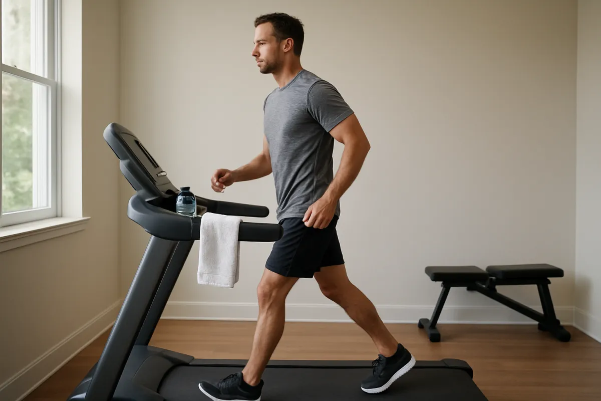 Adult performing steady-state cardio on a treadmill at home