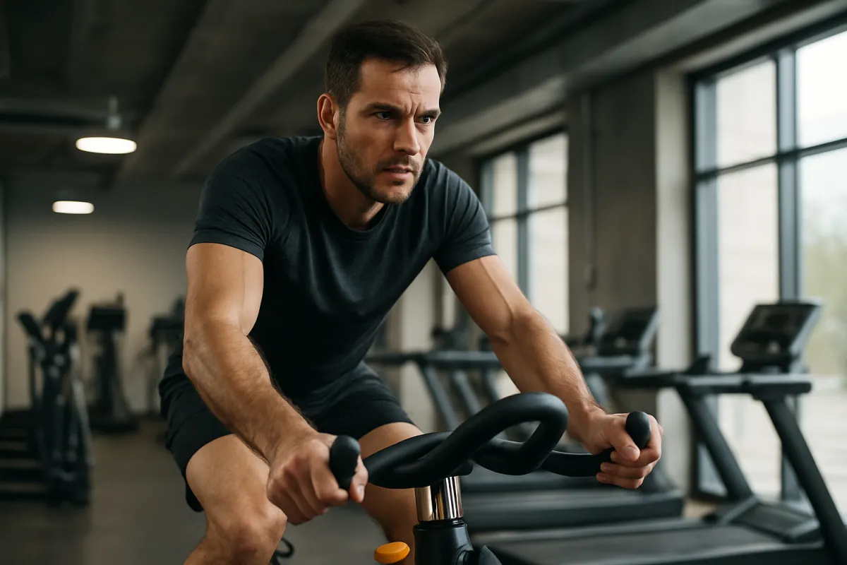 Adult performing a controlled HIIT interval on a stationary bike