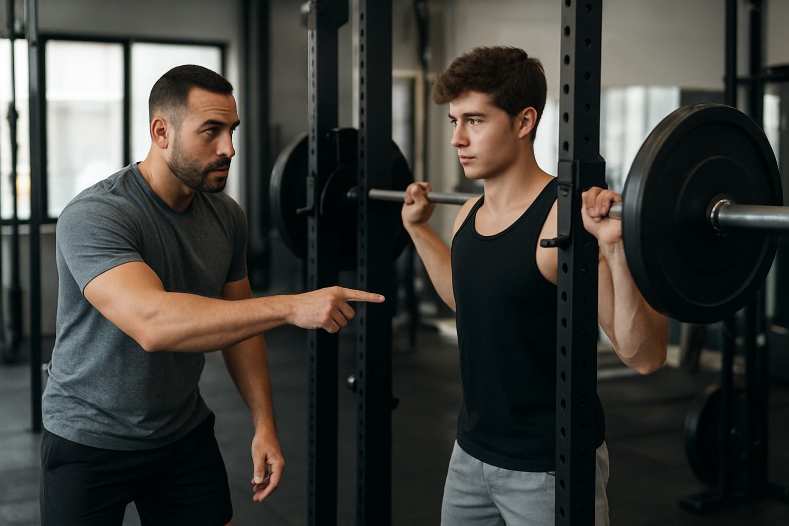 Coach checking a beginner's barbell squat rack setup
