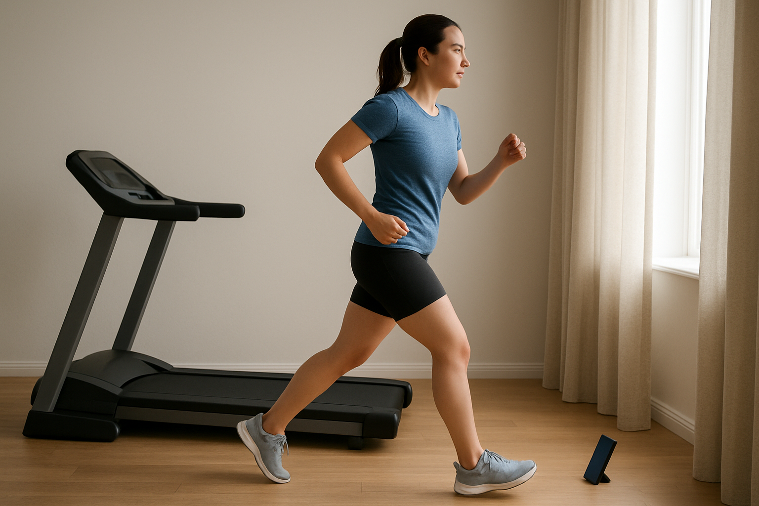 Beginner completing a walk-run interval at home