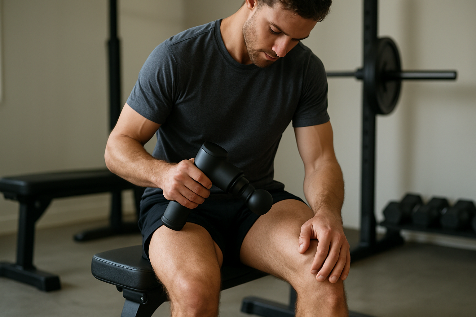 Athlete using a massage gun on the quadriceps after a workout
